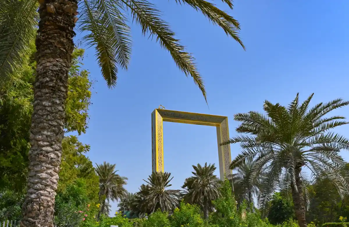 قاب دبی در پارک زعبیل میان نخل‌ها و آسمان آبی